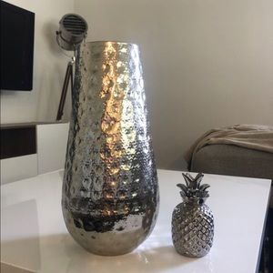 Tall silver vase & pineapple